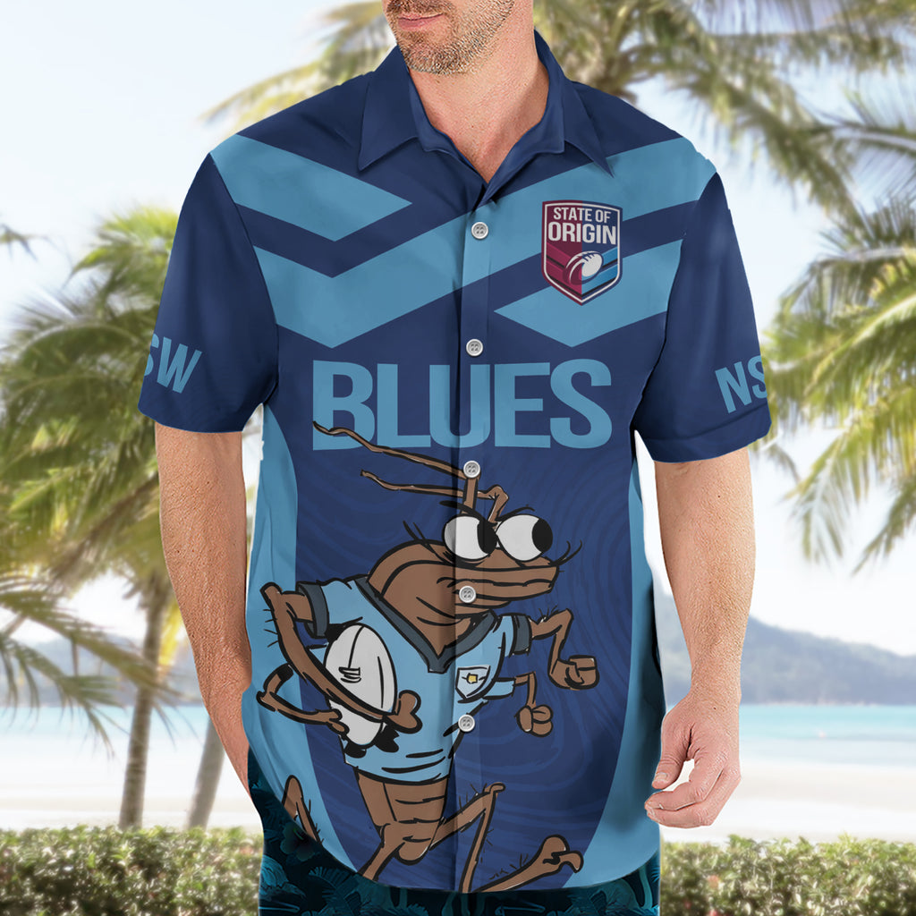 Custom New South Wales Rugby Hawaiian Shirt Blues Cockroach Origin Sporty