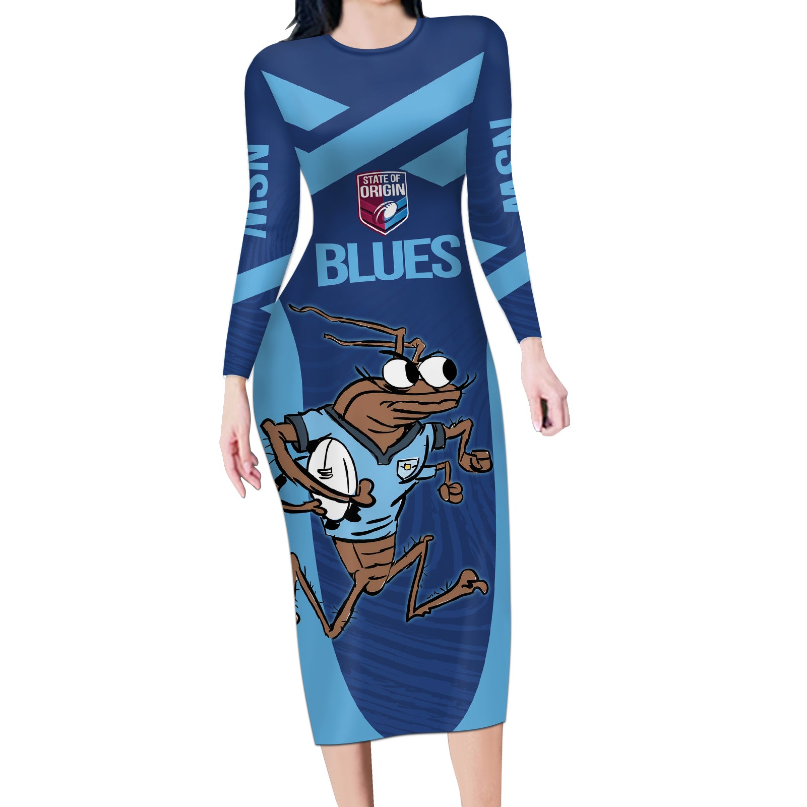Custom New South Wales Rugby Long Sleeve Bodycon Dress Blues Cockroach Origin Sporty