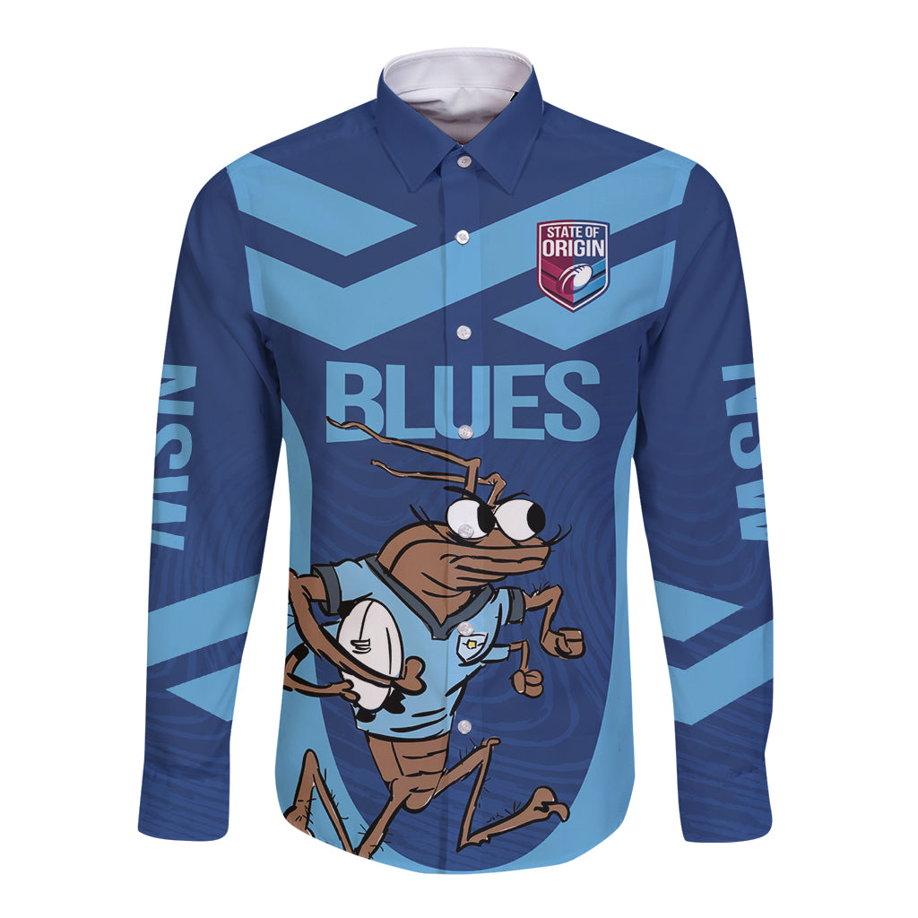 Custom New South Wales Rugby Long Sleeve Button Shirt Blues Cockroach Origin Sporty