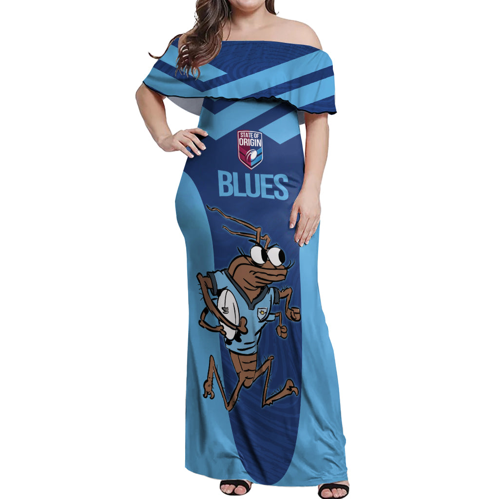 Custom New South Wales Rugby Off Shoulder Maxi Dress Blues Cockroach Origin Sporty