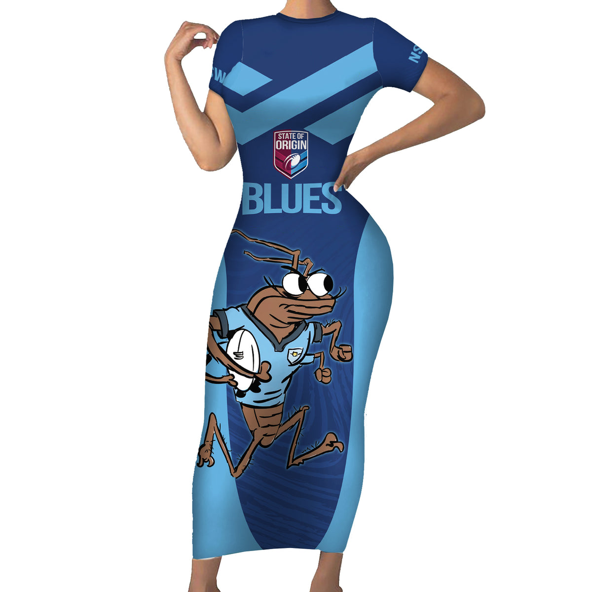 Custom New South Wales Rugby Short Sleeve Bodycon Dress Blues Cockroach Origin Sporty