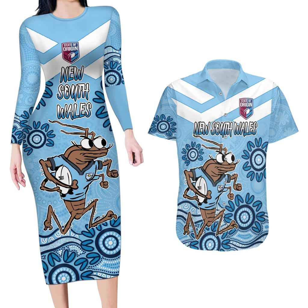 Custom NSW Blues Cockroach Blooded Aboriginal Inspired Couples Matching Long Sleeve Bodycon Dress and Hawaiian Shirt