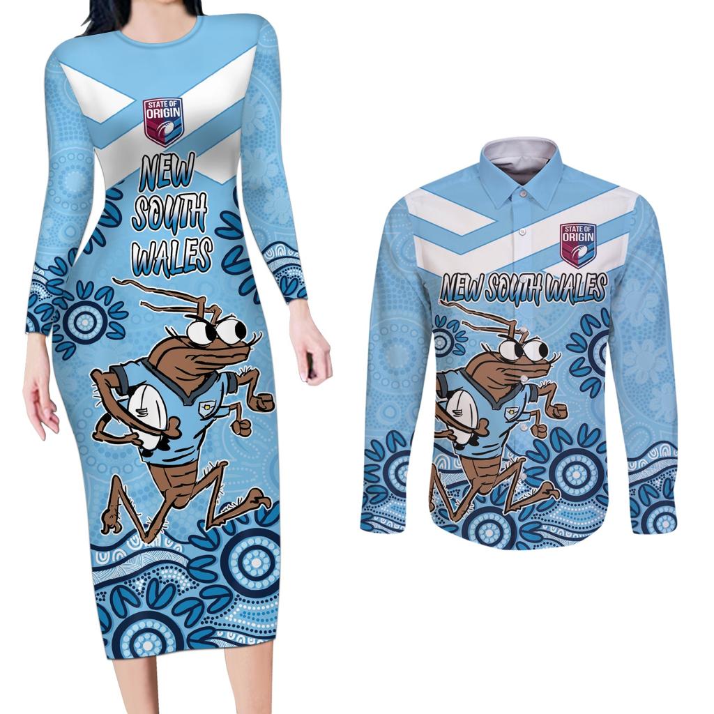 Custom NSW Blues Cockroach Blooded Aboriginal Inspired Couples Matching Long Sleeve Bodycon Dress and Long Sleeve Button Shirt