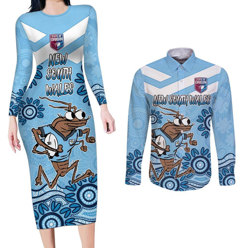 Custom NSW Blues Cockroach Blooded Aboriginal Inspired Couples Matching Long Sleeve Bodycon Dress and Long Sleeve Button Shirt