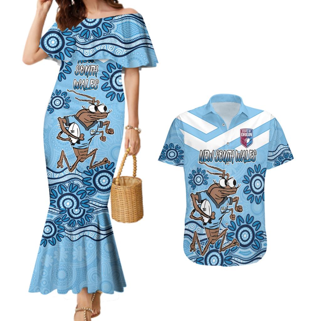 Custom NSW Blues Cockroach Blooded Aboriginal Inspired Couples Matching Mermaid Dress and Hawaiian Shirt