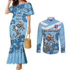 Custom NSW Blues Cockroach Blooded Aboriginal Inspired Couples Matching Mermaid Dress and Long Sleeve Button Shirt
