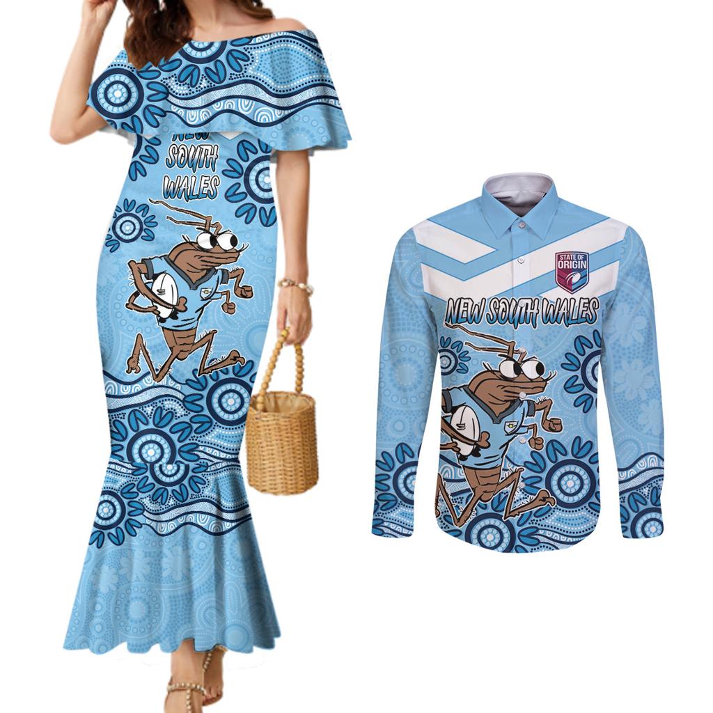 Custom NSW Blues Cockroach Blooded Aboriginal Inspired Couples Matching Mermaid Dress and Long Sleeve Button Shirt