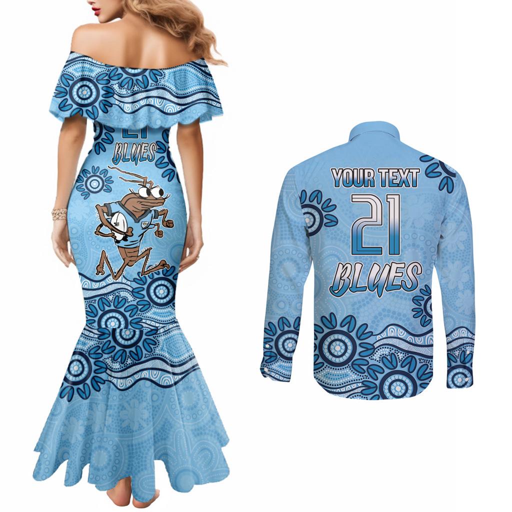 Custom NSW Blues Cockroach Blooded Aboriginal Inspired Couples Matching Mermaid Dress and Long Sleeve Button Shirt