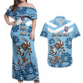 Custom NSW Blues Cockroach Blooded Aboriginal Inspired Couples Matching Off Shoulder Maxi Dress and Hawaiian Shirt