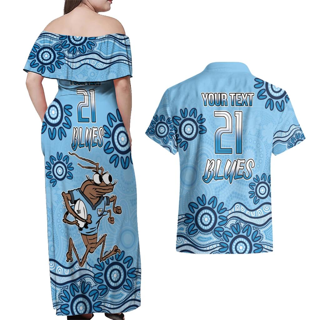 Custom NSW Blues Cockroach Blooded Aboriginal Inspired Couples Matching Off Shoulder Maxi Dress and Hawaiian Shirt