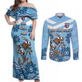 Custom NSW Blues Cockroach Blooded Aboriginal Inspired Couples Matching Off Shoulder Maxi Dress and Long Sleeve Button Shirt