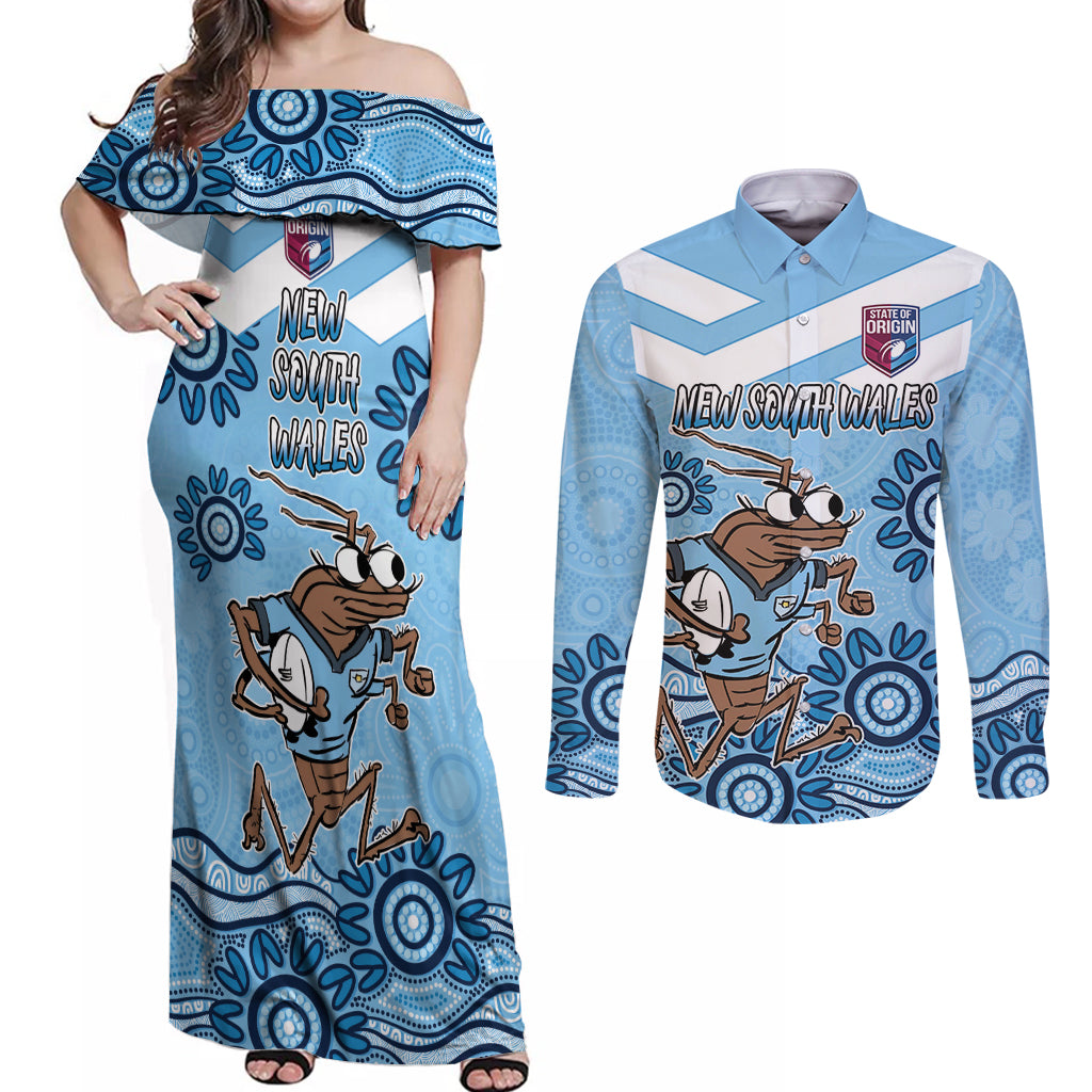 Custom NSW Blues Cockroach Blooded Aboriginal Inspired Couples Matching Off Shoulder Maxi Dress and Long Sleeve Button Shirt