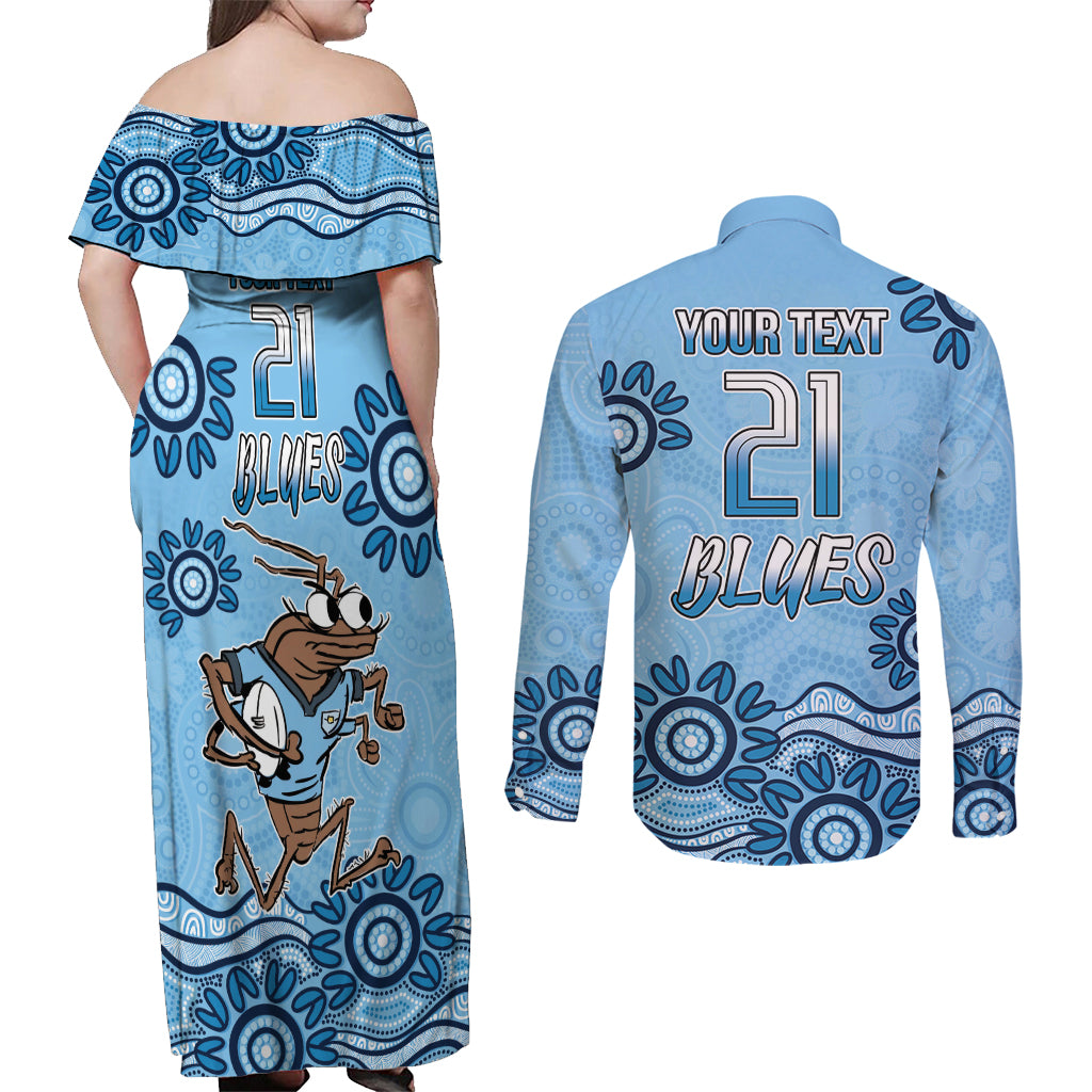 Custom NSW Blues Cockroach Blooded Aboriginal Inspired Couples Matching Off Shoulder Maxi Dress and Long Sleeve Button Shirt
