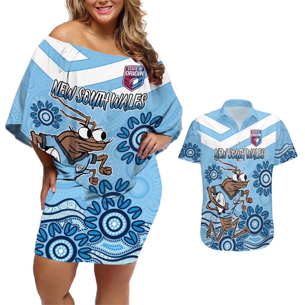 Custom NSW Blues Cockroach Blooded Aboriginal Inspired Couples Matching Off Shoulder Short Dress and Hawaiian Shirt