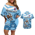 Custom NSW Blues Cockroach Blooded Aboriginal Inspired Couples Matching Off Shoulder Short Dress and Hawaiian Shirt
