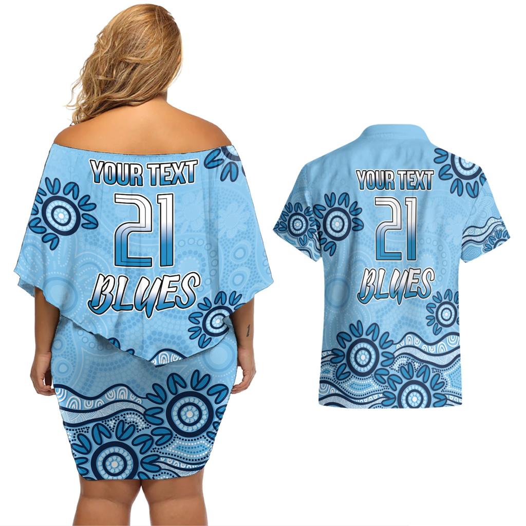 Custom NSW Blues Cockroach Blooded Aboriginal Inspired Couples Matching Off Shoulder Short Dress and Hawaiian Shirt