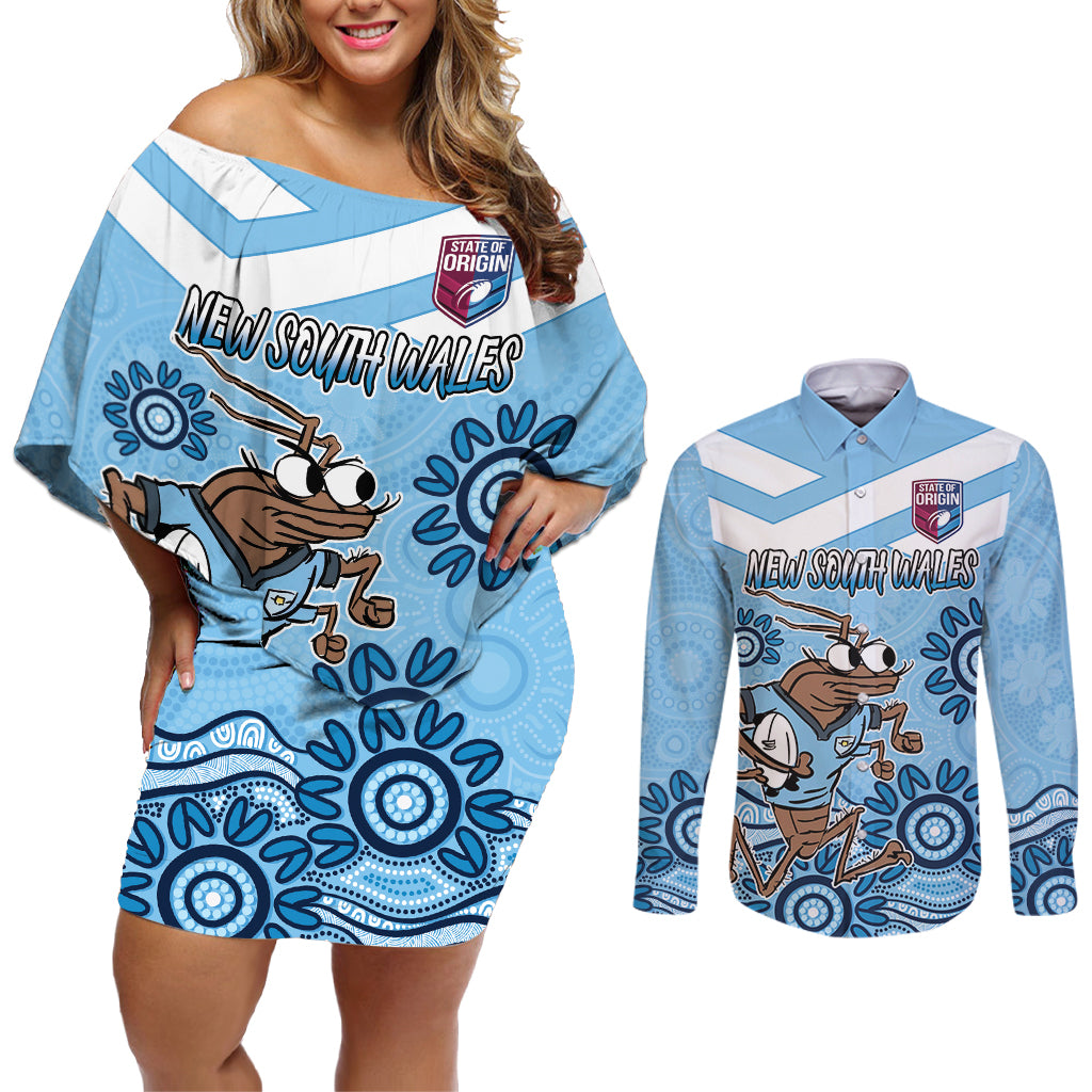 Custom NSW Blues Cockroach Blooded Aboriginal Inspired Couples Matching Off Shoulder Short Dress and Long Sleeve Button Shirt