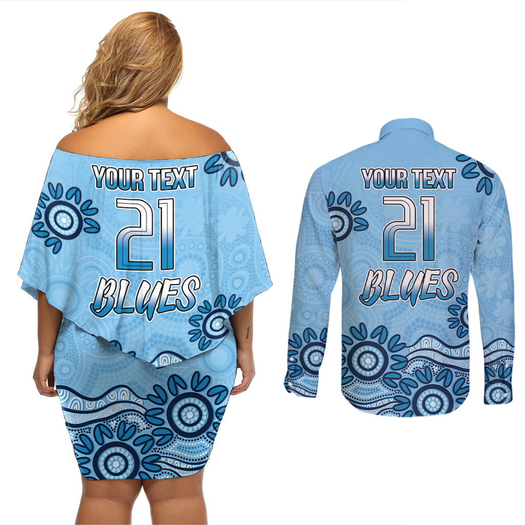 Custom NSW Blues Cockroach Blooded Aboriginal Inspired Couples Matching Off Shoulder Short Dress and Long Sleeve Button Shirt