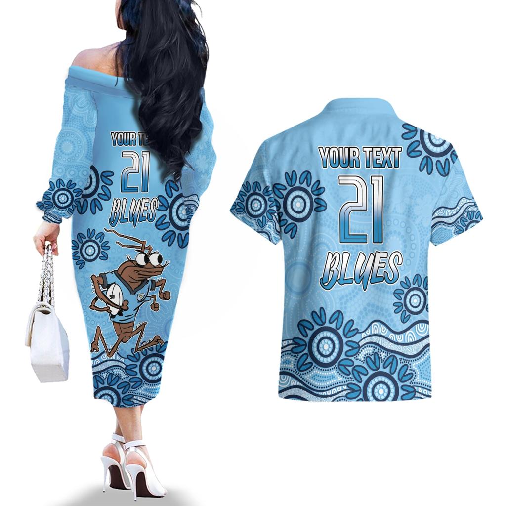 Custom NSW Blues Cockroach Blooded Aboriginal Inspired Couples Matching Off The Shoulder Long Sleeve Dress and Hawaiian Shirt