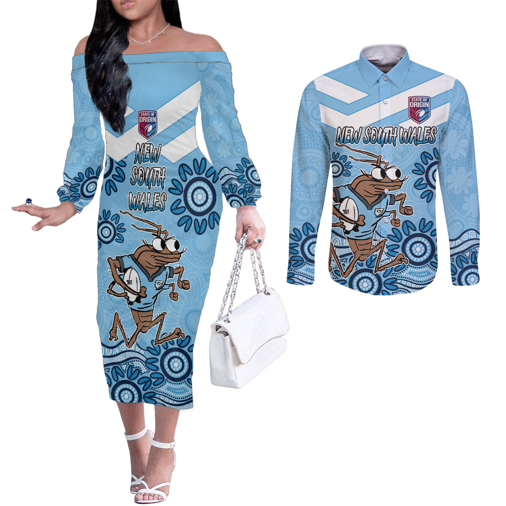 Custom NSW Blues Cockroach Blooded Aboriginal Inspired Couples Matching Off The Shoulder Long Sleeve Dress and Long Sleeve Button Shirt