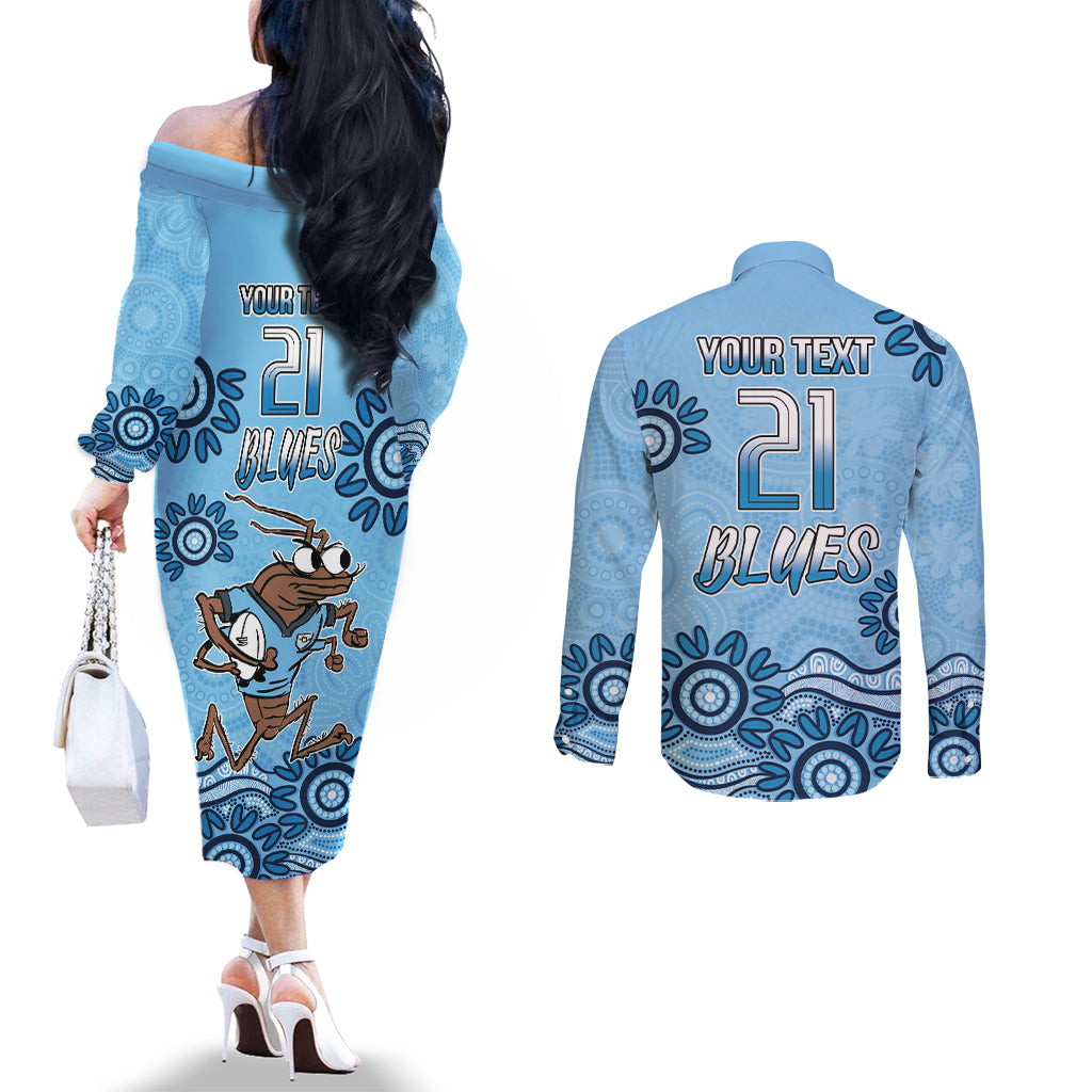 Custom NSW Blues Cockroach Blooded Aboriginal Inspired Couples Matching Off The Shoulder Long Sleeve Dress and Long Sleeve Button Shirt