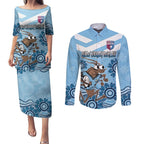 Custom NSW Blues Cockroach Blooded Aboriginal Inspired Couples Matching Puletasi and Long Sleeve Button Shirt