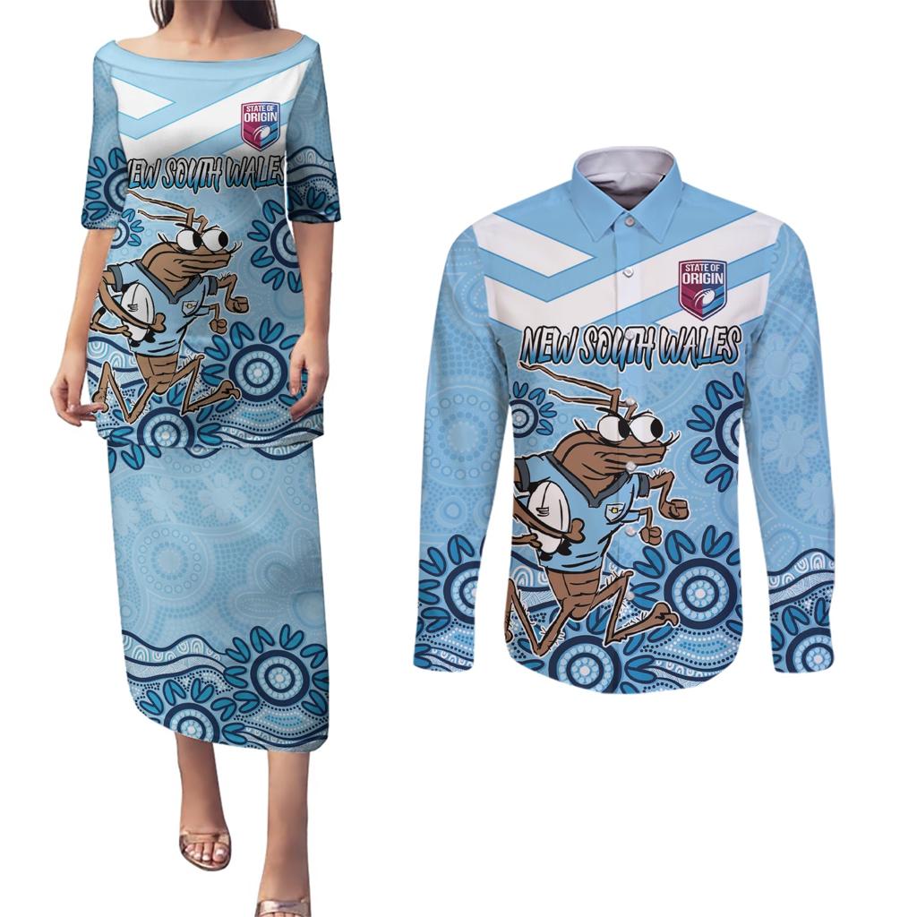 Custom NSW Blues Cockroach Blooded Aboriginal Inspired Couples Matching Puletasi and Long Sleeve Button Shirt