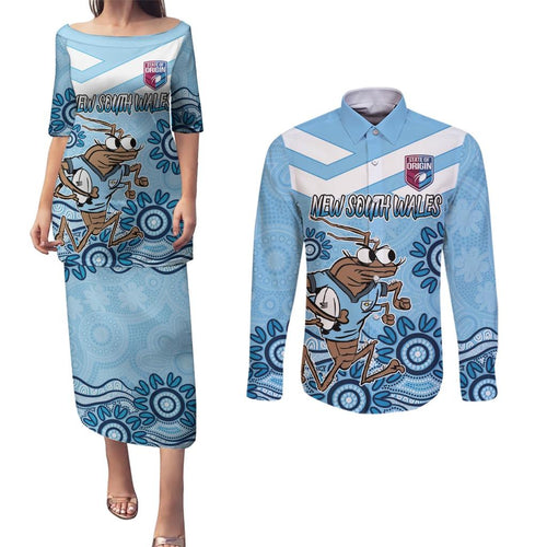 Custom NSW Blues Cockroach Blooded Aboriginal Inspired Couples Matching Puletasi and Long Sleeve Button Shirt