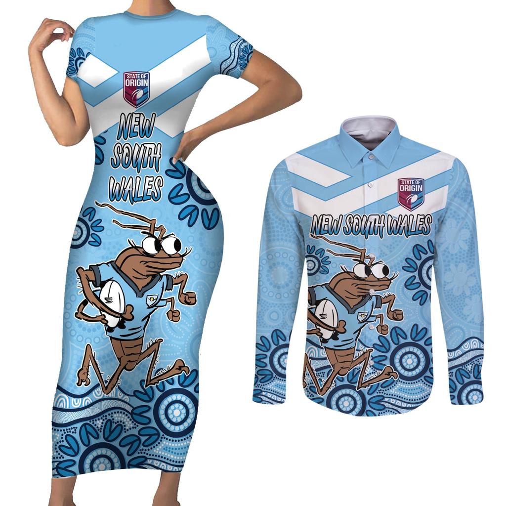 Custom NSW Blues Cockroach Blooded Aboriginal Inspired Couples Matching Short Sleeve Bodycon Dress and Long Sleeve Button Shirt