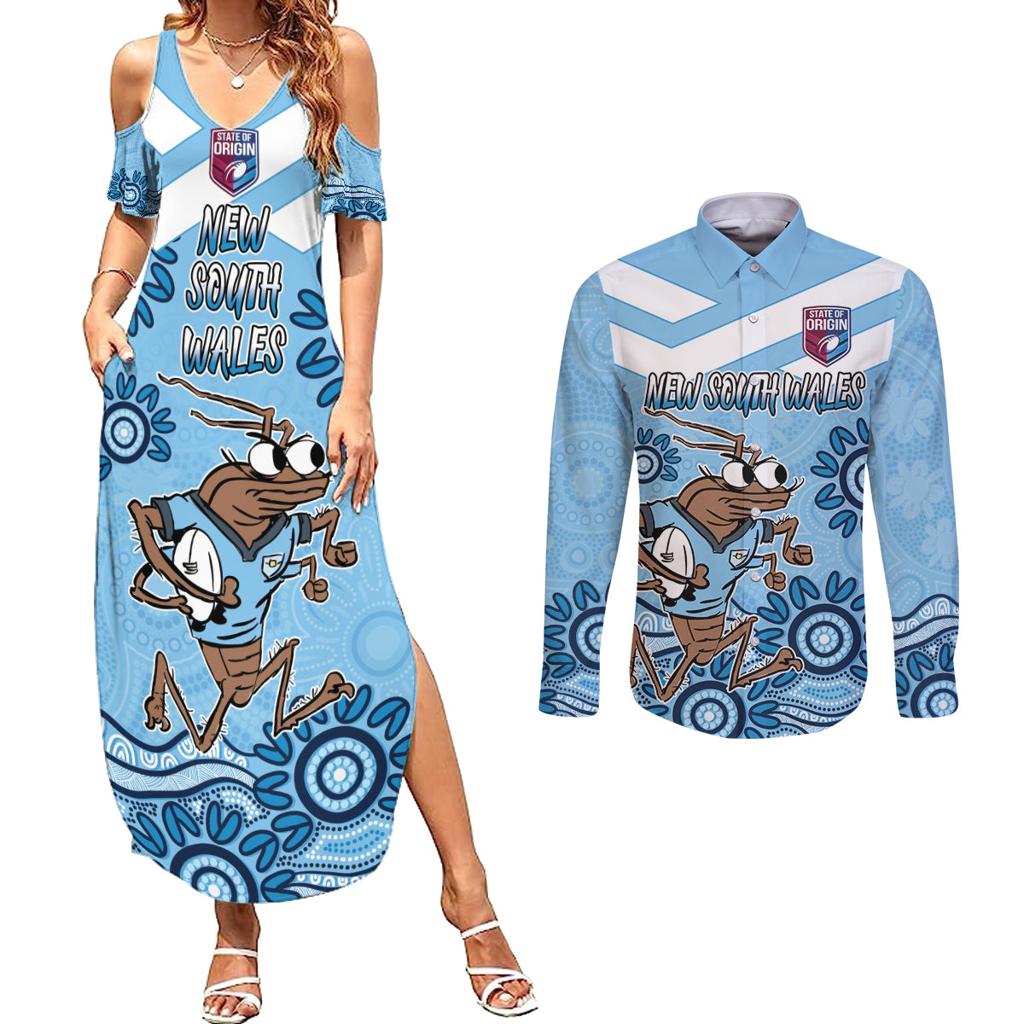 Custom NSW Blues Cockroach Blooded Aboriginal Inspired Couples Matching Summer Maxi Dress and Long Sleeve Button Shirt
