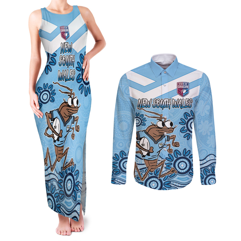Custom NSW Blues Cockroach Blooded Aboriginal Inspired Couples Matching Tank Maxi Dress and Long Sleeve Button Shirt