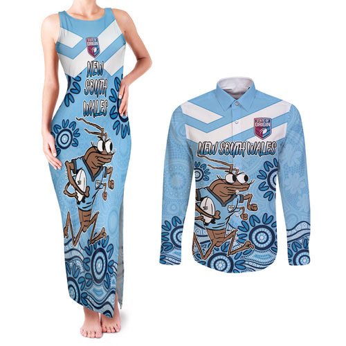 Custom NSW Blues Cockroach Blooded Aboriginal Inspired Couples Matching Tank Maxi Dress and Long Sleeve Button Shirt