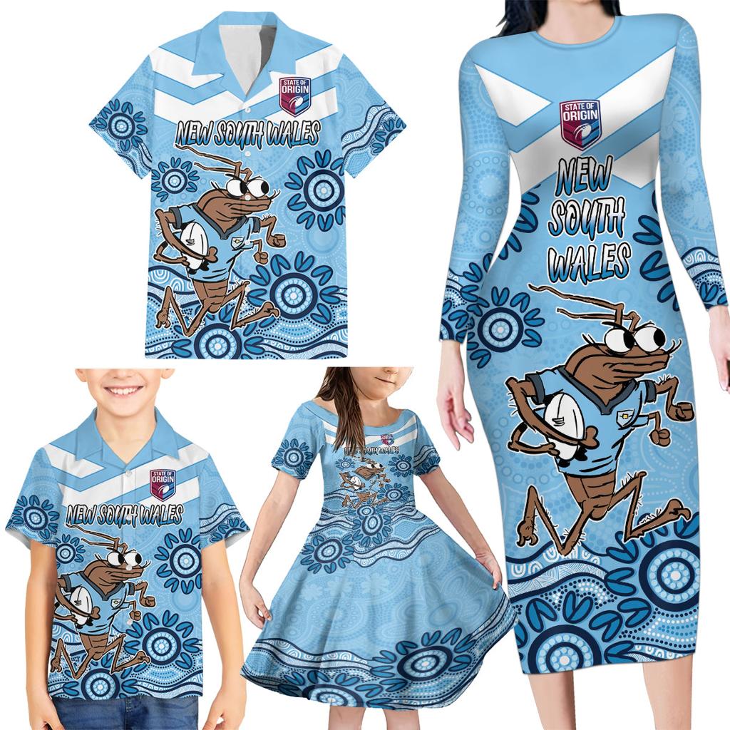 Custom NSW Blues Cockroach Blooded Aboriginal Inspired Family Matching Long Sleeve Bodycon Dress and Hawaiian Shirt