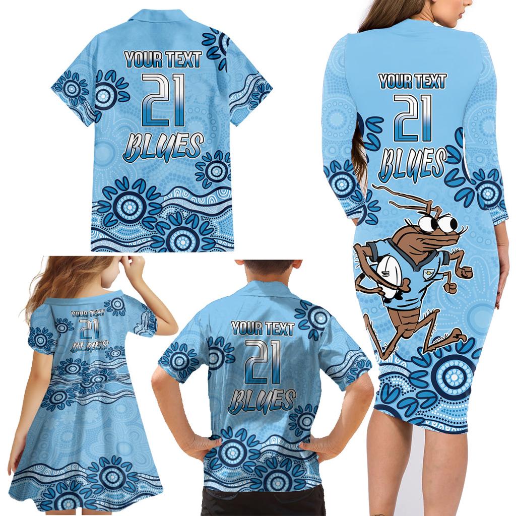 Custom NSW Blues Cockroach Blooded Aboriginal Inspired Family Matching Long Sleeve Bodycon Dress and Hawaiian Shirt