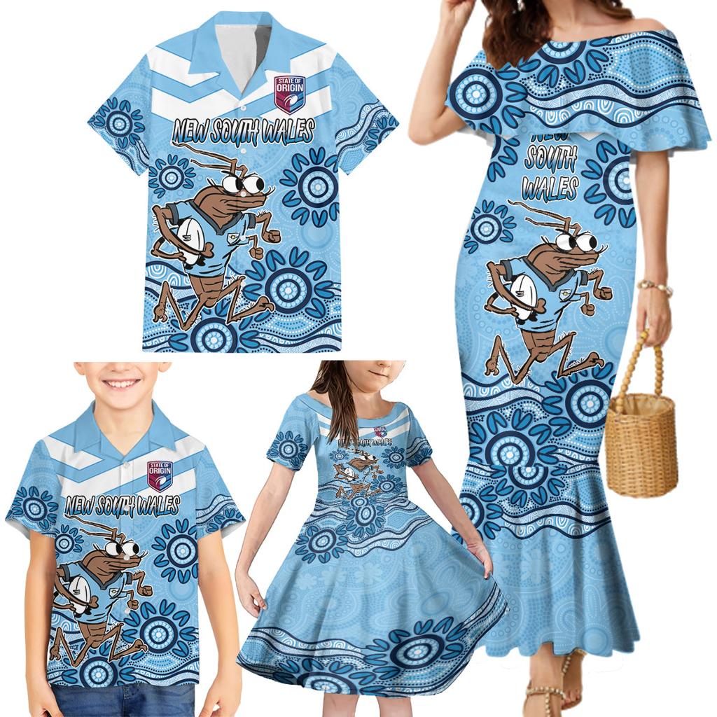 Custom NSW Blues Cockroach Blooded Aboriginal Inspired Family Matching Mermaid Dress and Hawaiian Shirt