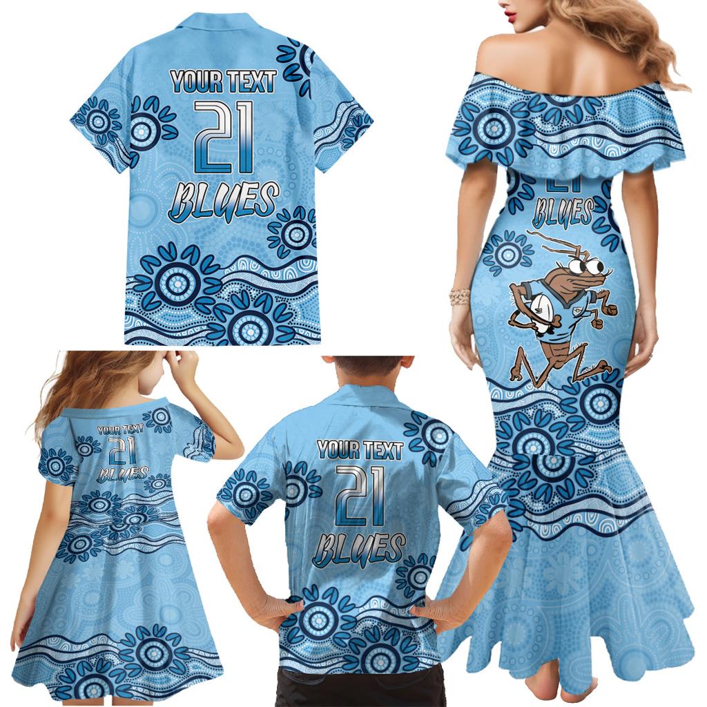 Custom NSW Blues Cockroach Blooded Aboriginal Inspired Family Matching Mermaid Dress and Hawaiian Shirt