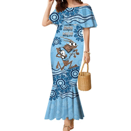 Custom NSW Blues Cockroach Blooded Aboriginal Inspired Family Matching Mermaid Dress and Hawaiian Shirt