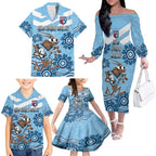 Custom NSW Blues Cockroach Blooded Aboriginal Inspired Family Matching Off The Shoulder Long Sleeve Dress and Hawaiian Shirt