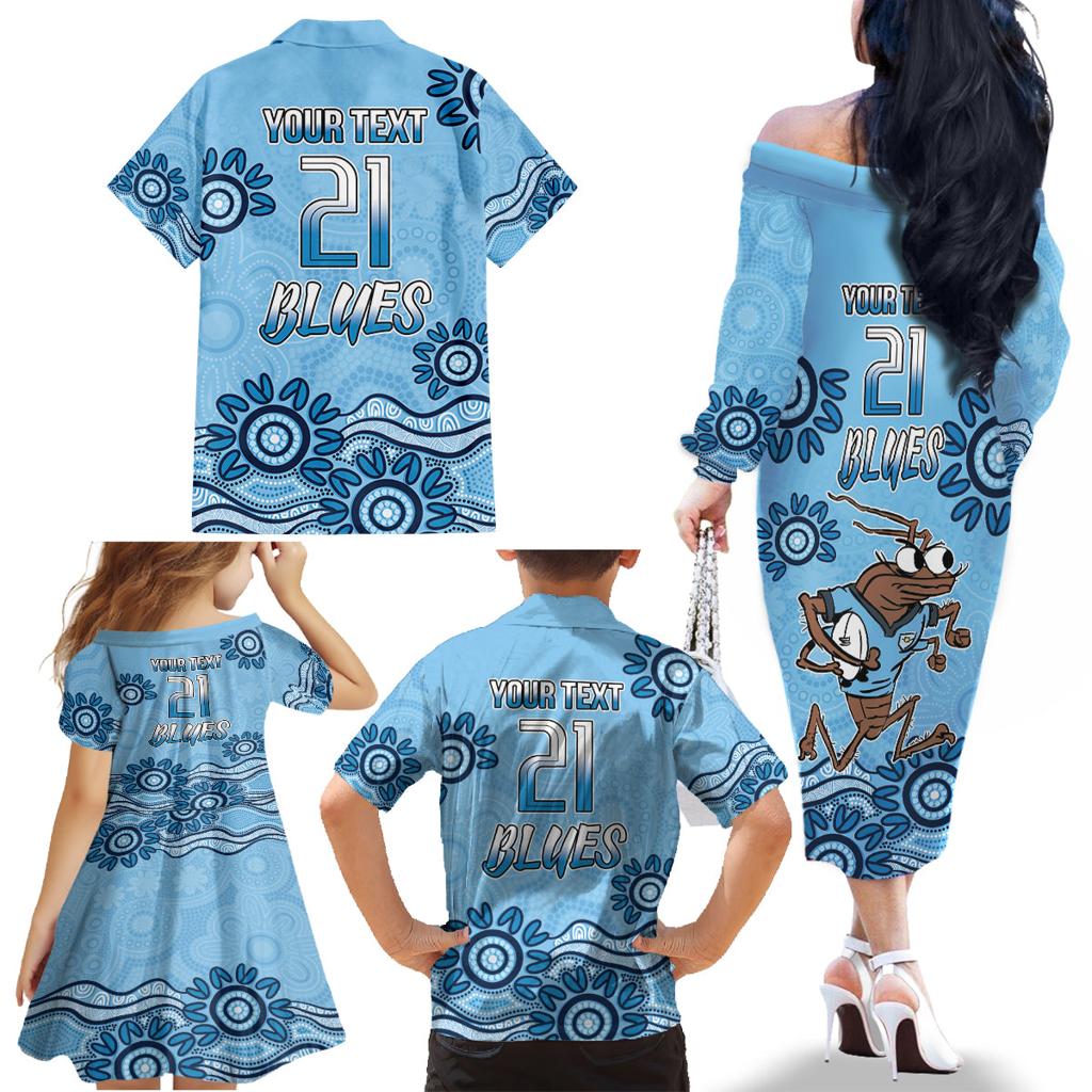 Custom NSW Blues Cockroach Blooded Aboriginal Inspired Family Matching Off The Shoulder Long Sleeve Dress and Hawaiian Shirt
