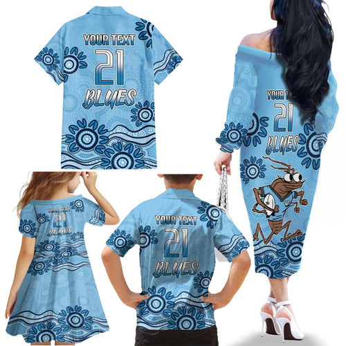 Custom NSW Blues Cockroach Blooded Aboriginal Inspired Family Matching Off The Shoulder Long Sleeve Dress and Hawaiian Shirt