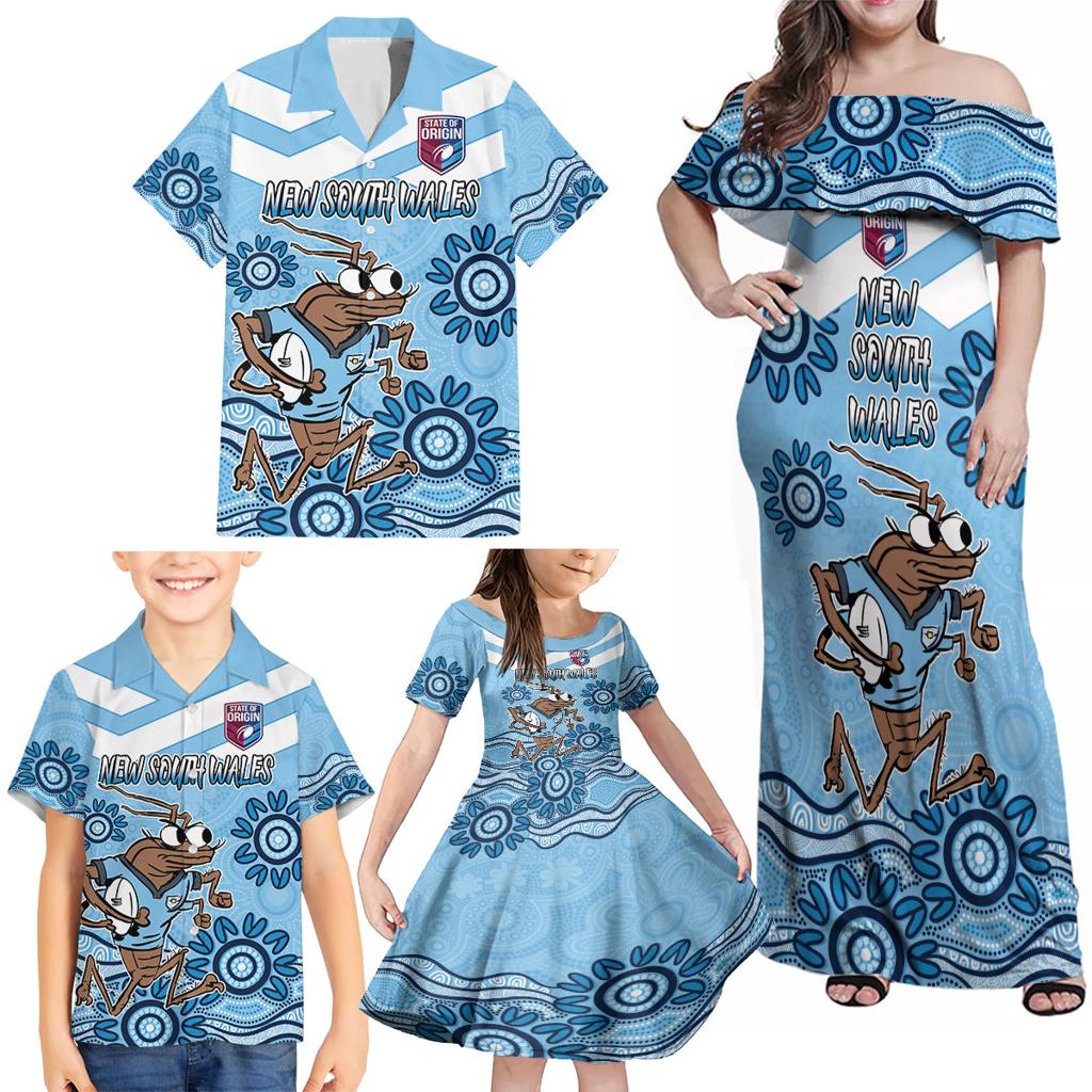 Custom NSW Blues Cockroach Blooded Aboriginal Inspired Family Matching Off Shoulder Maxi Dress and Hawaiian Shirt