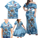 Custom NSW Blues Cockroach Blooded Aboriginal Inspired Family Matching Off Shoulder Maxi Dress and Hawaiian Shirt