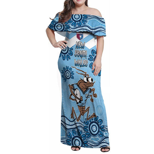 Custom NSW Blues Cockroach Blooded Aboriginal Inspired Family Matching Off Shoulder Maxi Dress and Hawaiian Shirt