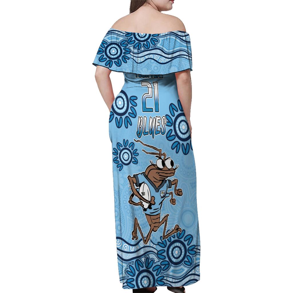 Custom NSW Blues Cockroach Blooded Aboriginal Inspired Family Matching Off Shoulder Maxi Dress and Hawaiian Shirt