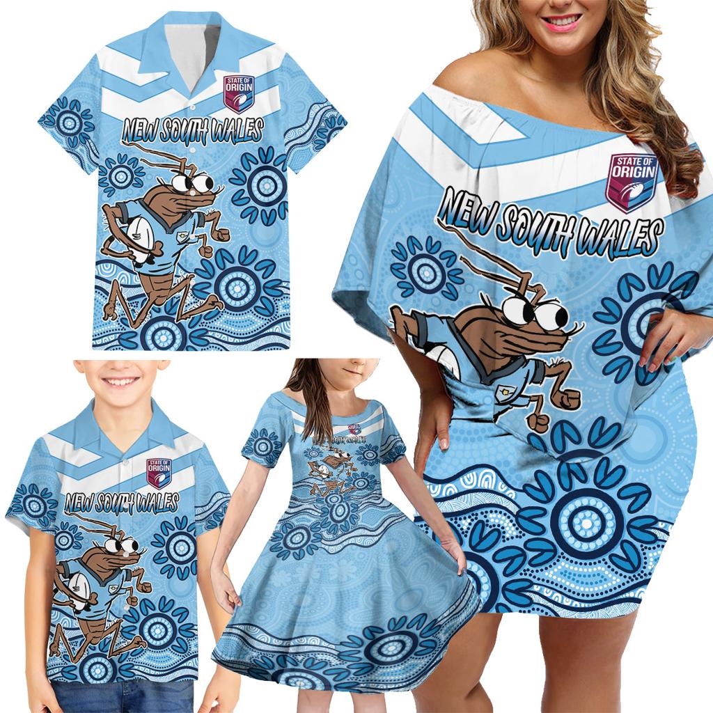 Custom NSW Blues Cockroach Blooded Aboriginal Inspired Family Matching Off Shoulder Short Dress and Hawaiian Shirt
