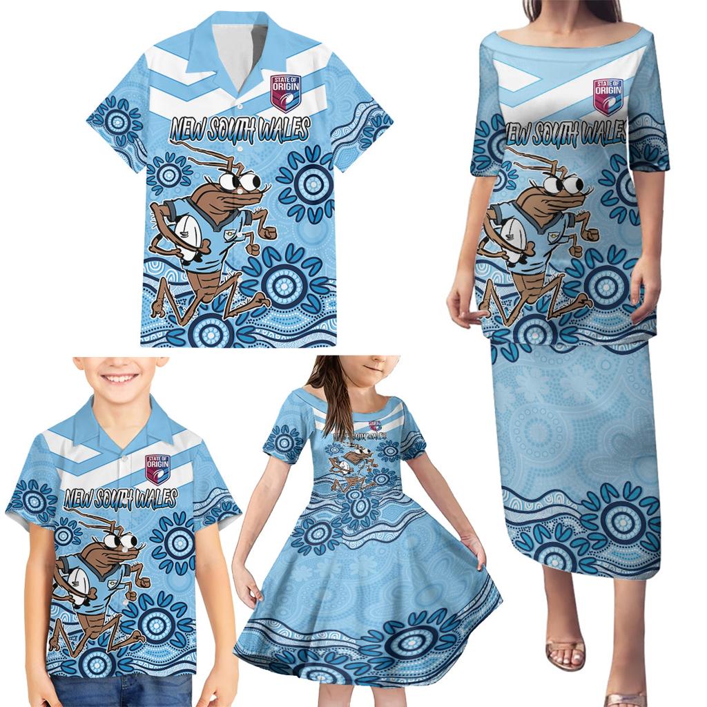 Custom NSW Blues Cockroach Blooded Aboriginal Inspired Family Matching Puletasi and Hawaiian Shirt