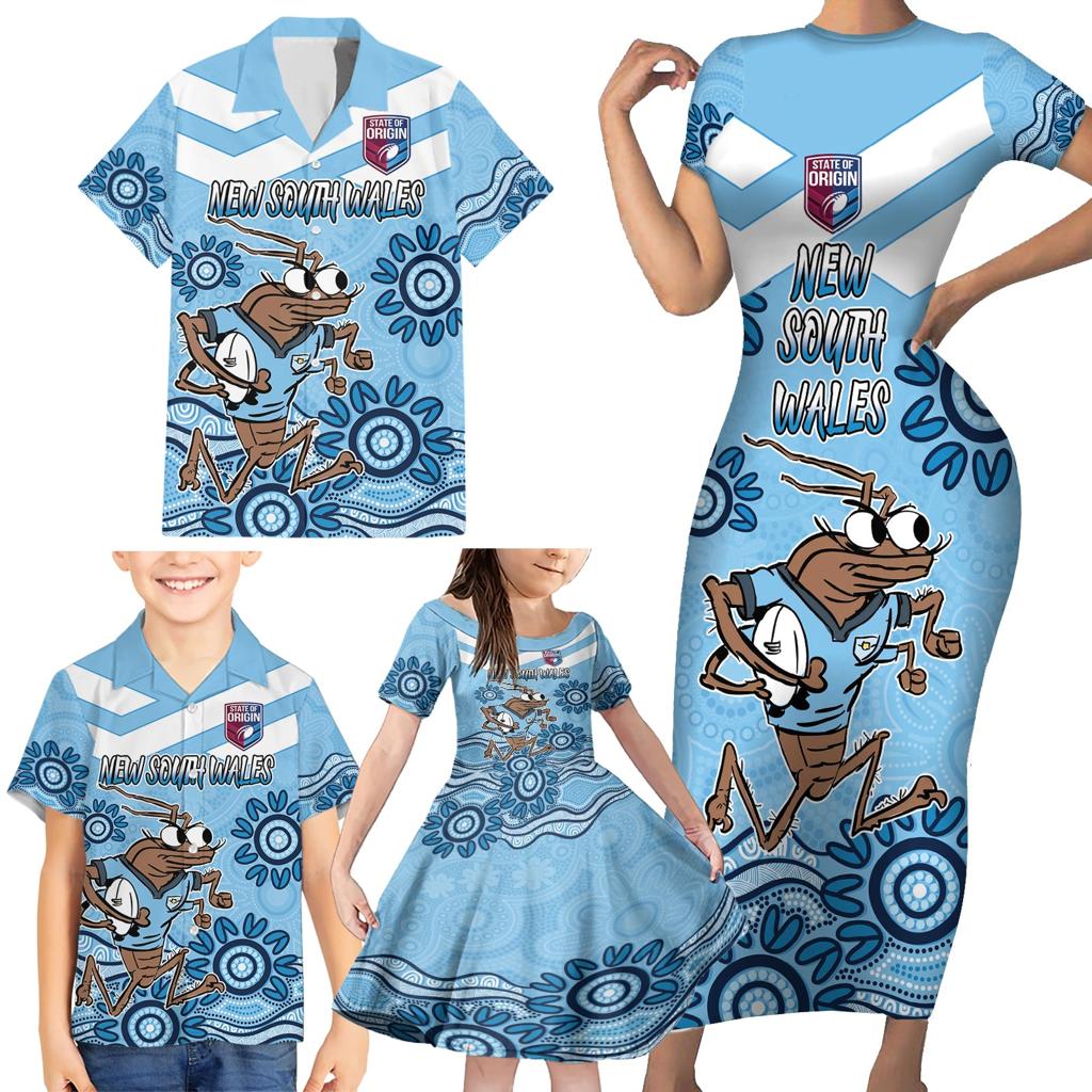 Custom NSW Blues Cockroach Blooded Aboriginal Inspired Family Matching Short Sleeve Bodycon Dress and Hawaiian Shirt