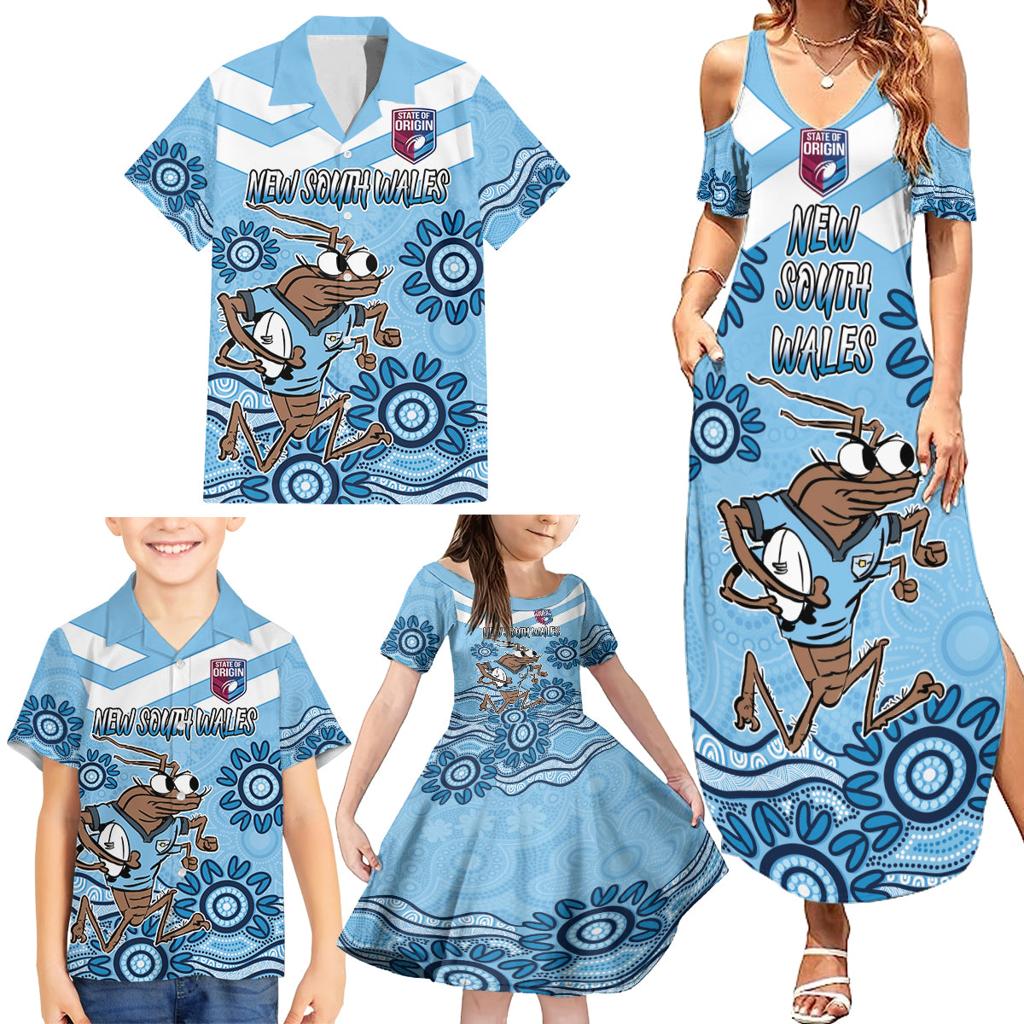 Custom NSW Blues Cockroach Blooded Aboriginal Inspired Family Matching Summer Maxi Dress and Hawaiian Shirt