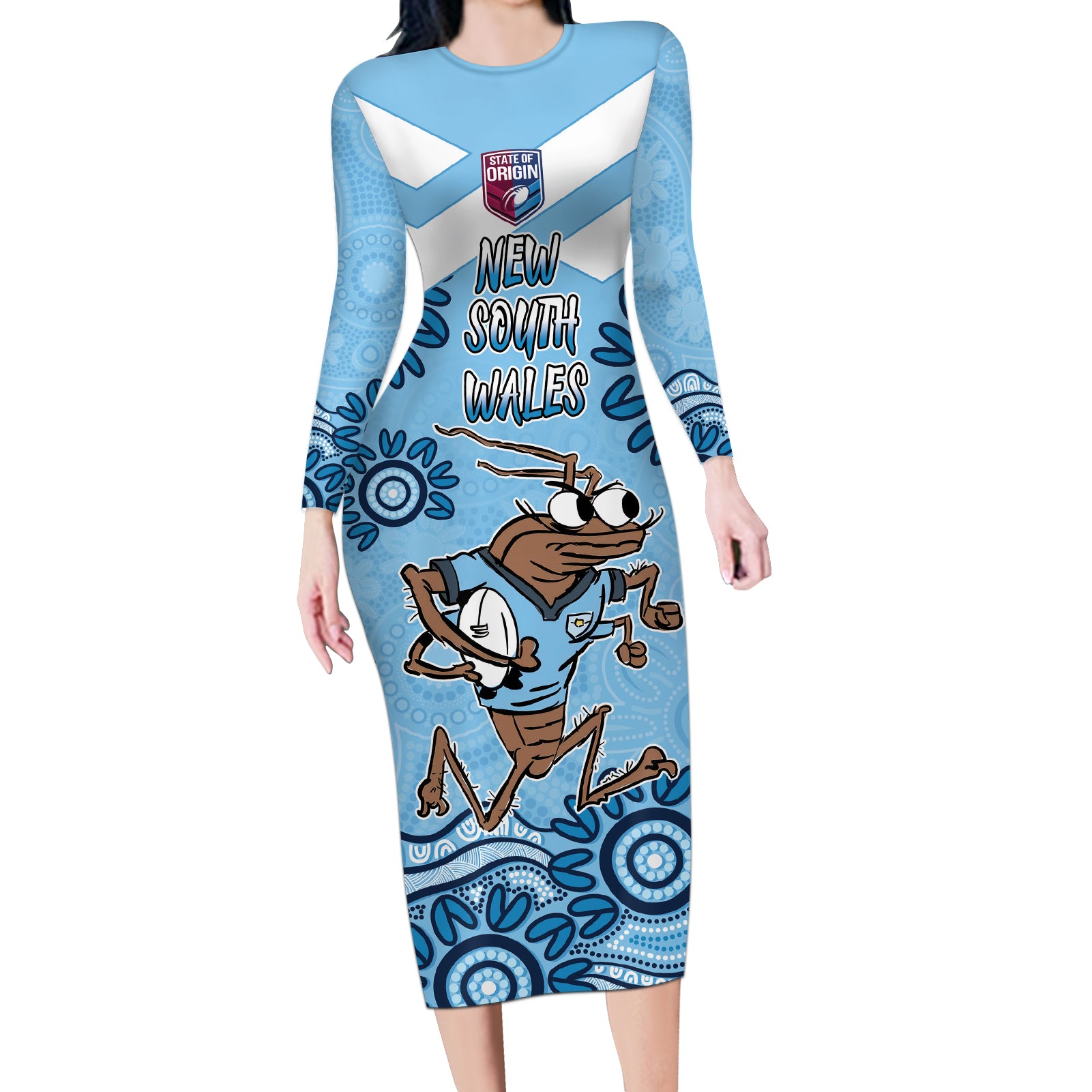 Custom NSW Blues Cockroach Blooded Aboriginal Inspired Long Sleeve Bodycon Dress