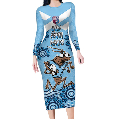 Custom NSW Blues Cockroach Blooded Aboriginal Inspired Long Sleeve Bodycon Dress